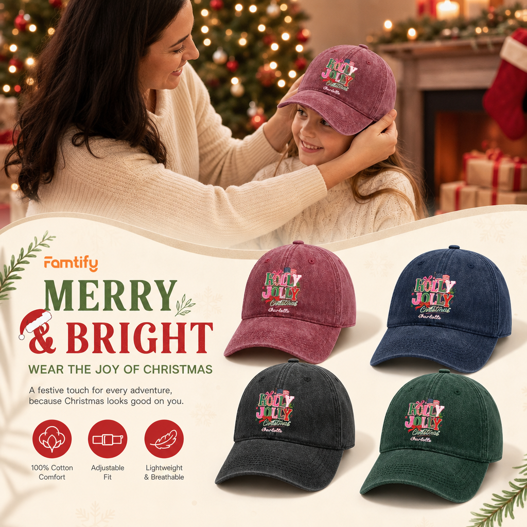 Holly Jolly Christmas Personalized Embroidered Baseball Cap, Custom Name Holiday Hat