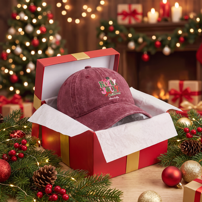 Holly Jolly Christmas Personalized Embroidered Baseball Cap, Custom Name Holiday Hat