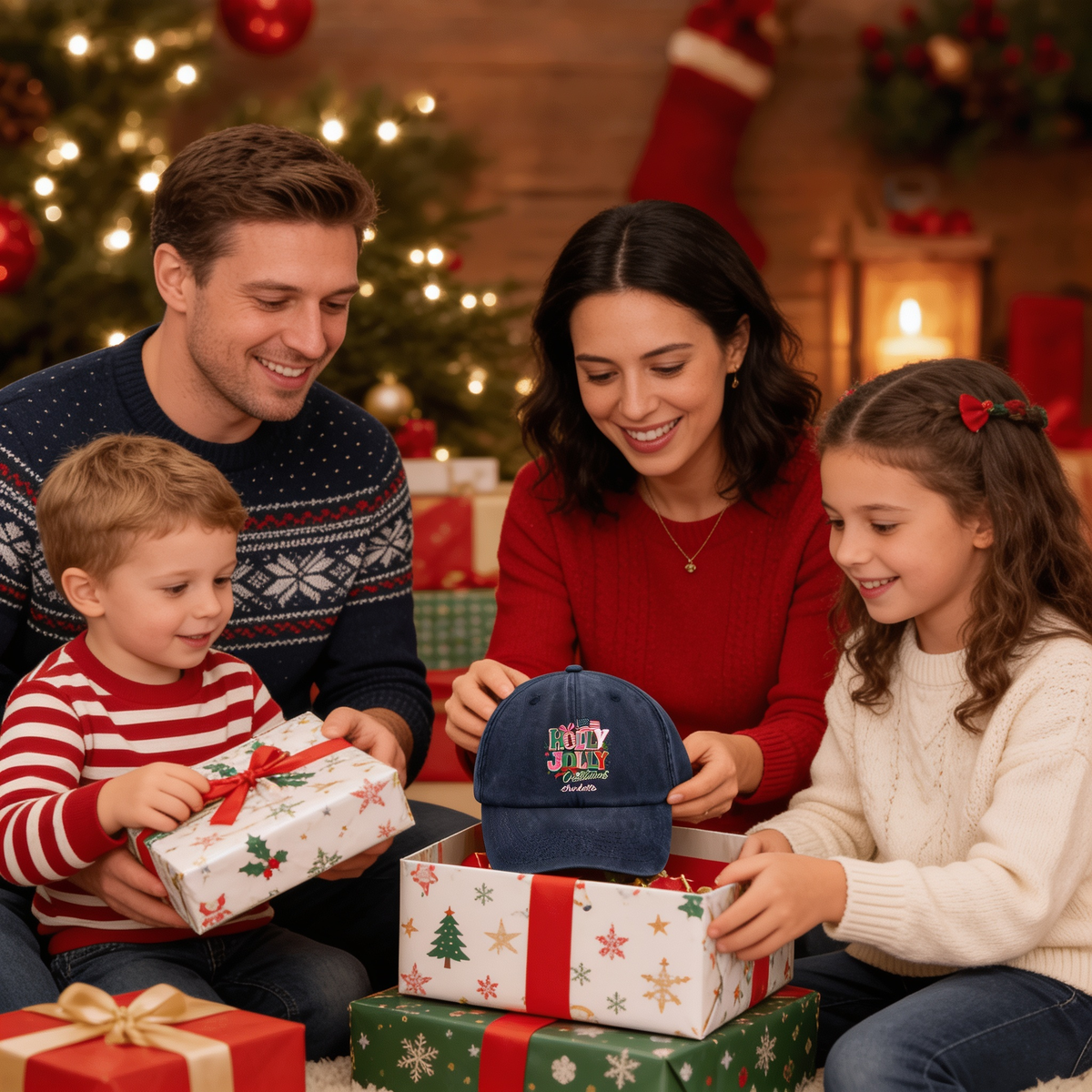 Holly Jolly Christmas Personalized Embroidered Baseball Cap, Custom Name Holiday Hat