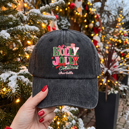 Holly Jolly Christmas Personalized Embroidered Baseball Cap, Custom Name Holiday Hat