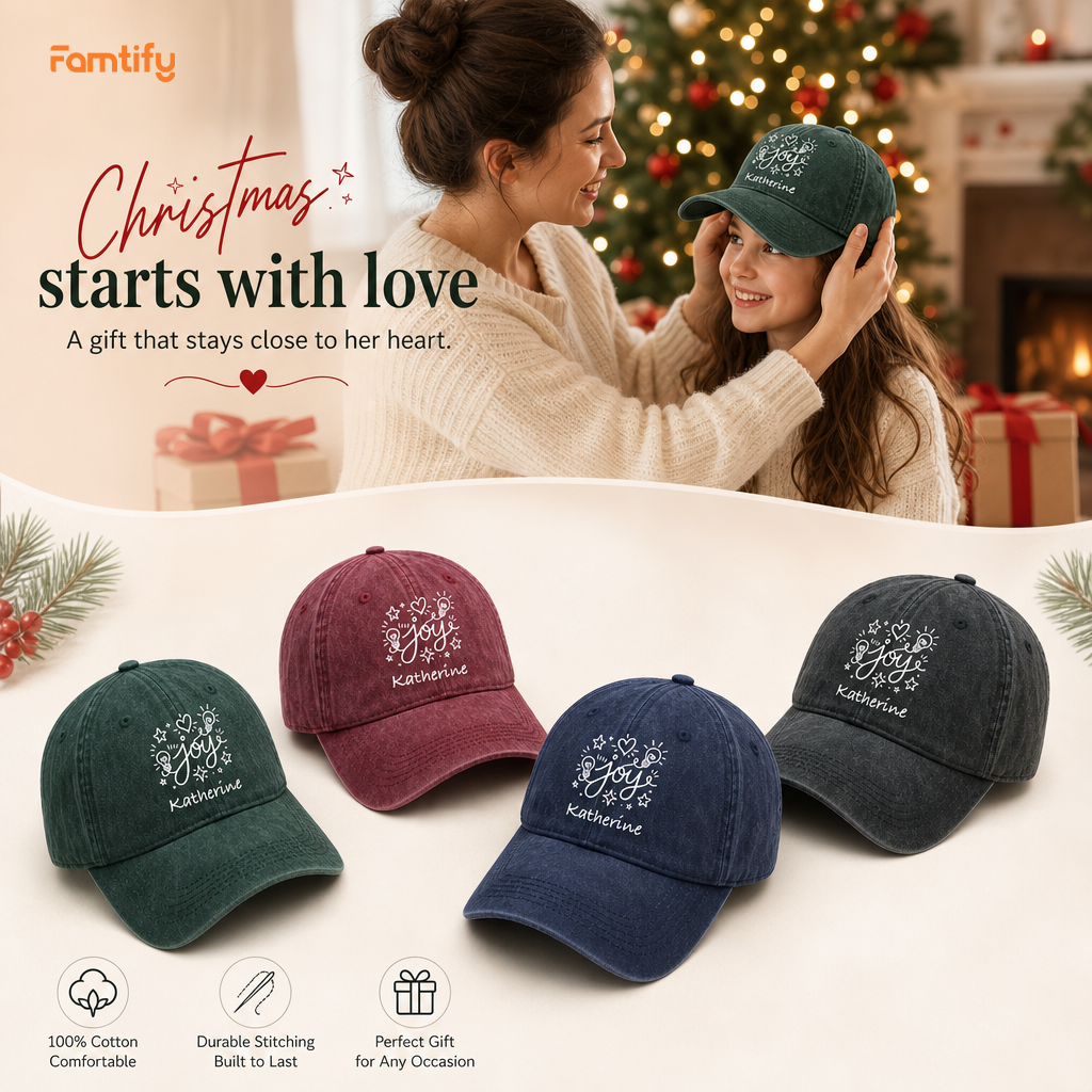 Personalized Christmas Joy Baseball Cap, Custom Name Holiday Hat, Christmas Printed Cap