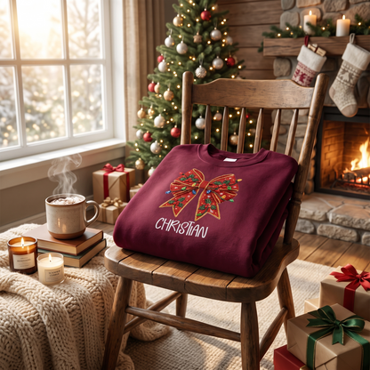 Personalized Embroidered Christmas Bow Sweatshirt with Custom Name
