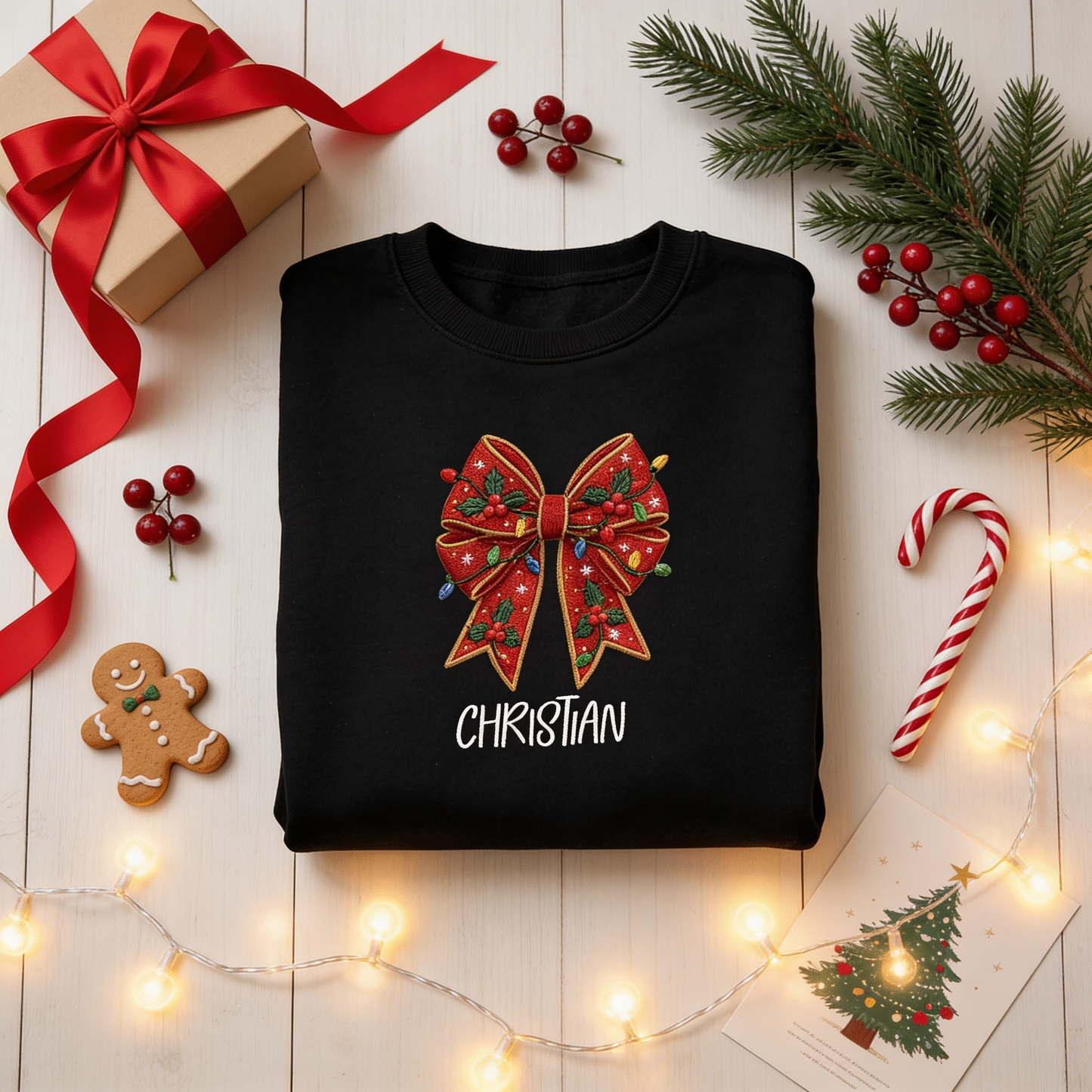 Personalized Embroidered Christmas Bow Sweatshirt with Custom Name