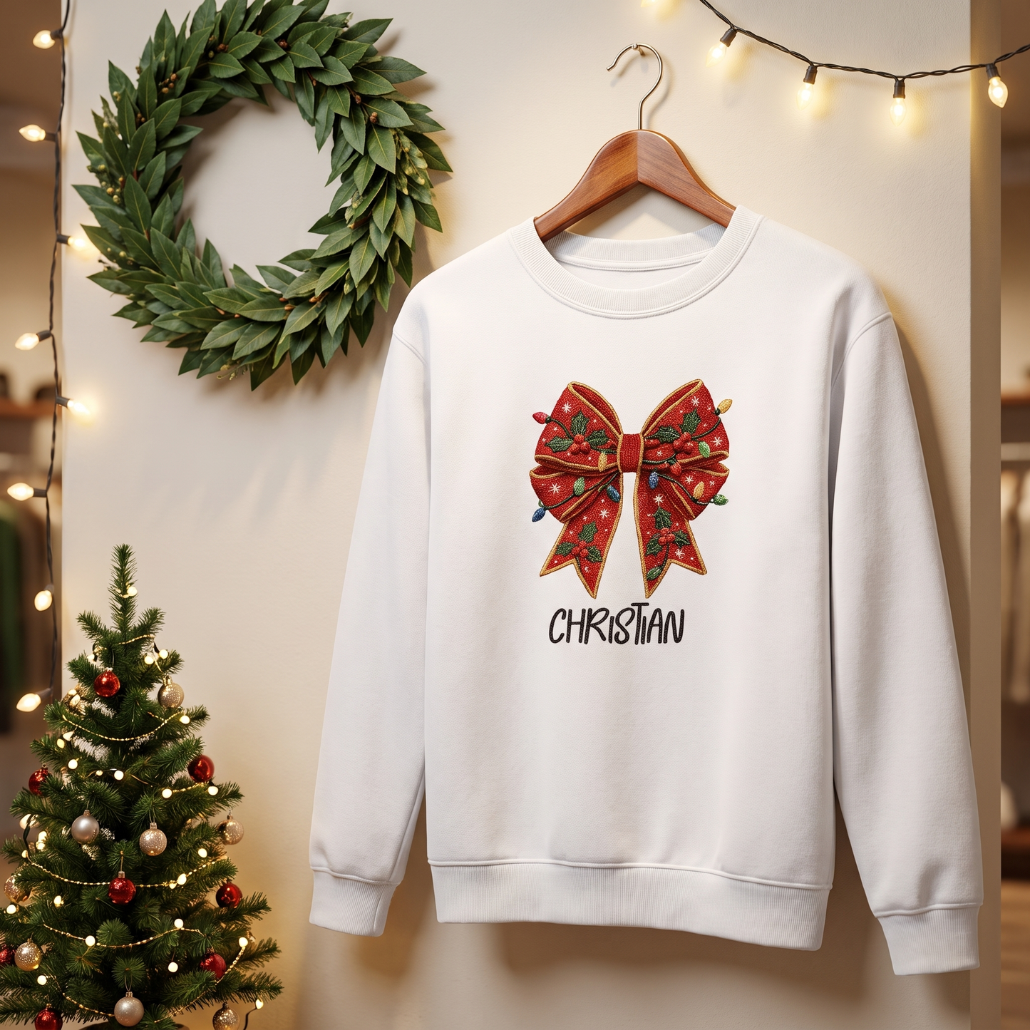 Personalized Embroidered Christmas Bow Sweatshirt with Custom Name