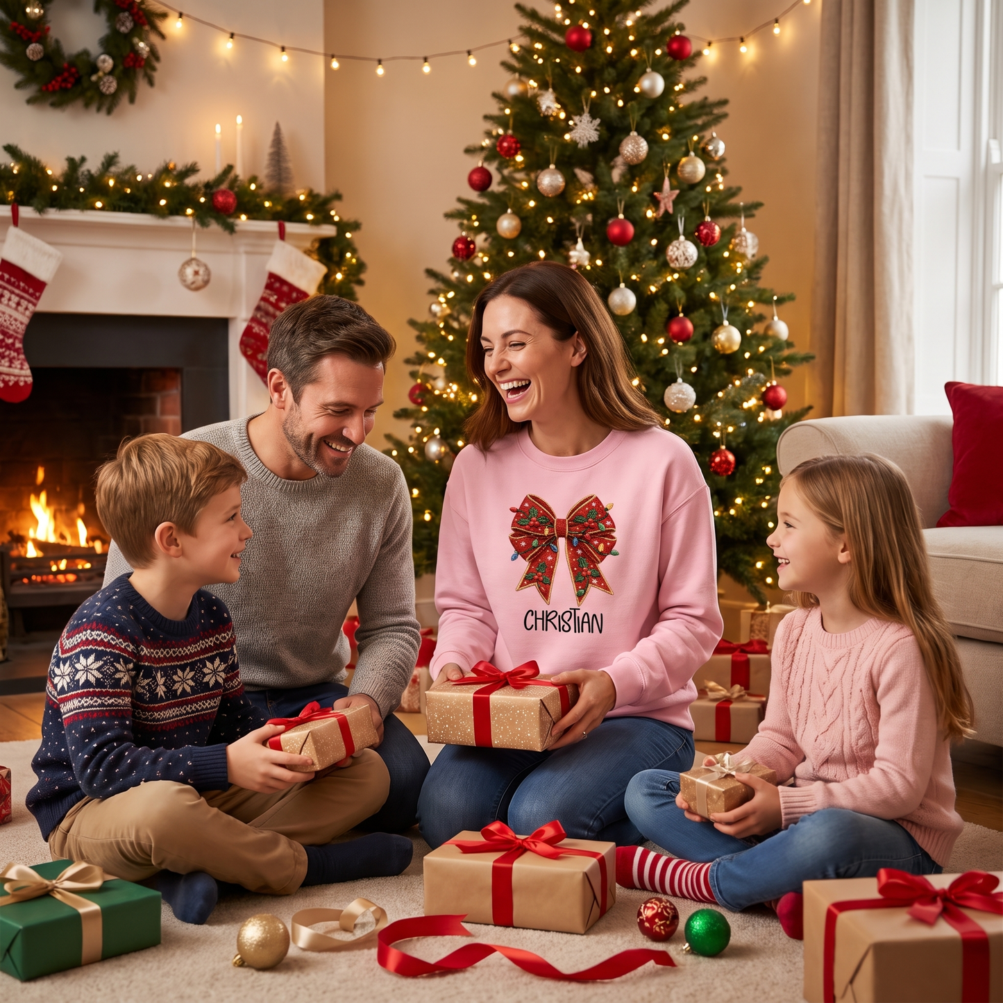 Personalized Embroidered Christmas Bow Sweatshirt with Custom Name