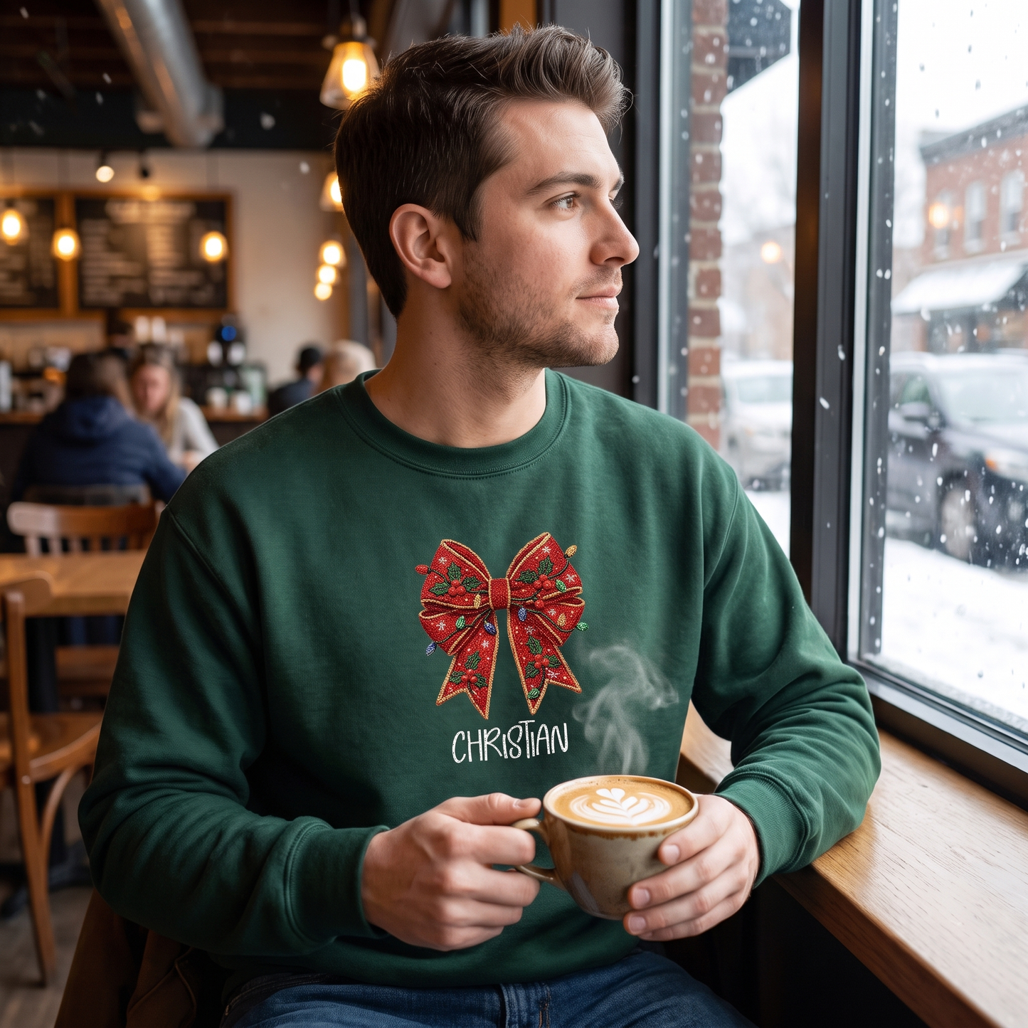 Personalized Embroidered Christmas Bow Sweatshirt with Custom Name