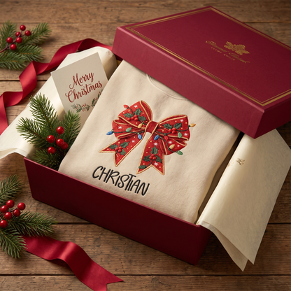 Personalized Embroidered Christmas Bow Sweatshirt with Custom Name