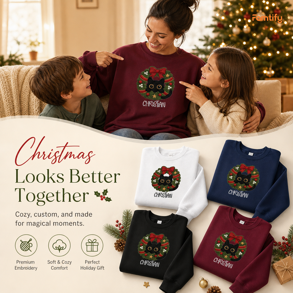Personalized Embroidered Black Cat Christmas Wreath Sweatshirt with Custom Name