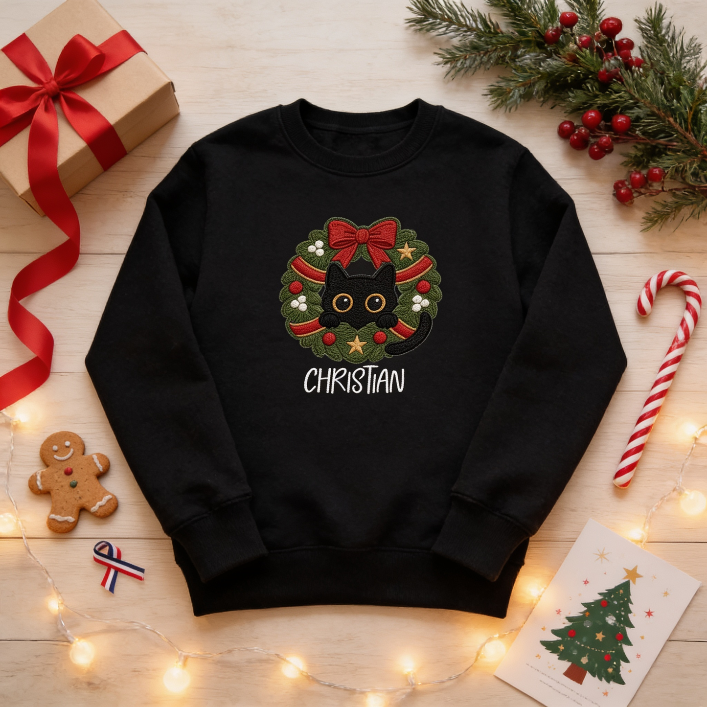 Personalized Embroidered Black Cat Christmas Wreath Sweatshirt with Custom Name