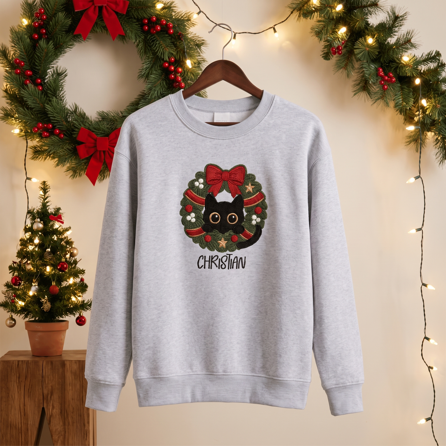 Personalized Embroidered Black Cat Christmas Wreath Sweatshirt with Custom Name