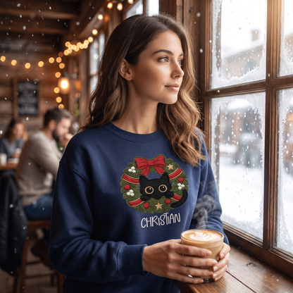 Personalized Embroidered Black Cat Christmas Wreath Sweatshirt with Custom Name