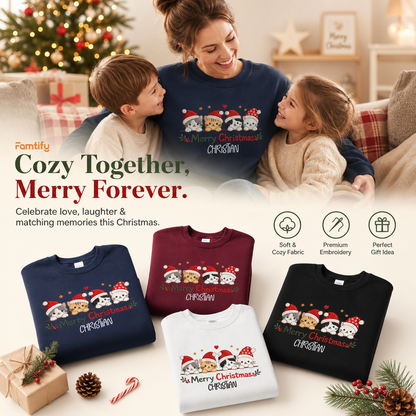 Personalized Embroidered Merry Christmas Cats Sweatshirt with Custom Name