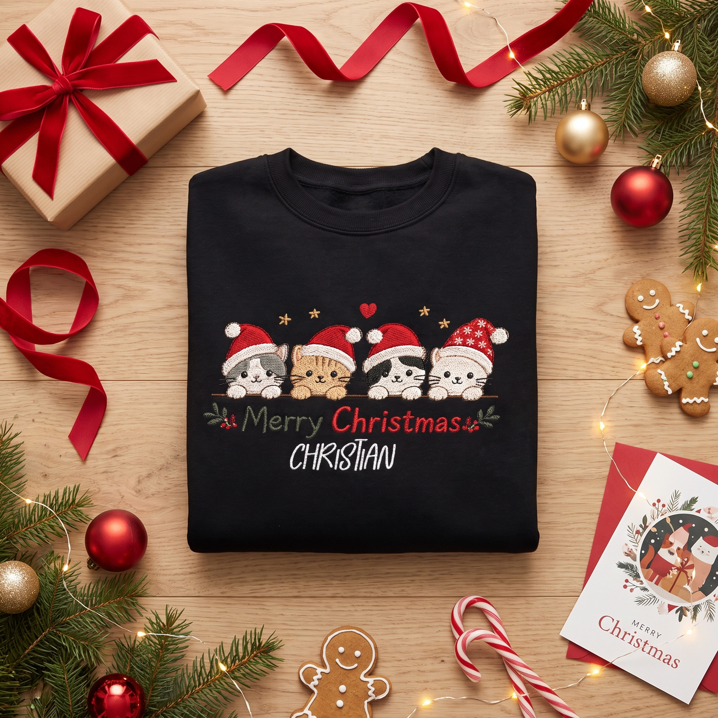 Personalized Embroidered Merry Christmas Cats Sweatshirt with Custom Name
