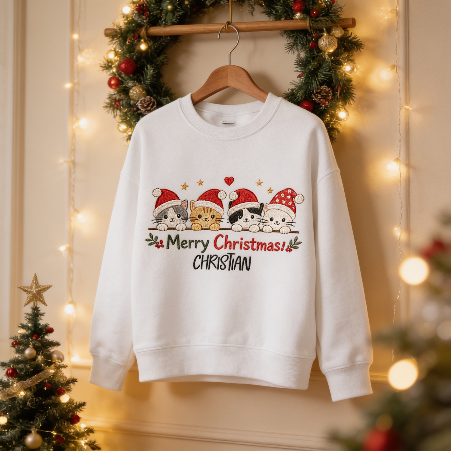 Personalized Embroidered Merry Christmas Cats Sweatshirt with Custom Name