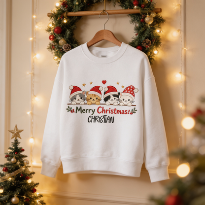 Personalized Embroidered Merry Christmas Cats Sweatshirt with Custom Name