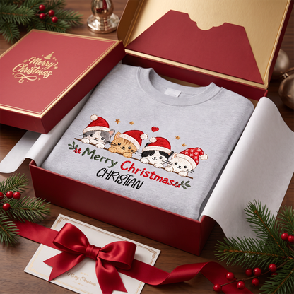 Personalized Embroidered Merry Christmas Cats Sweatshirt with Custom Name