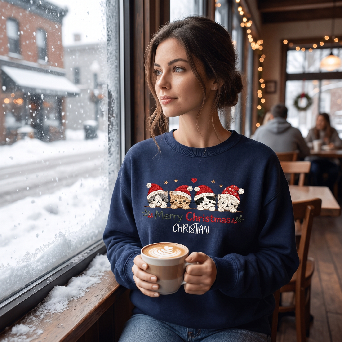 Personalized Embroidered Merry Christmas Cats Sweatshirt with Custom Name