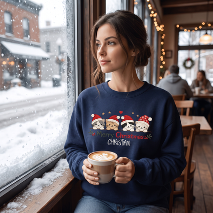 Personalized Embroidered Merry Christmas Cats Sweatshirt with Custom Name