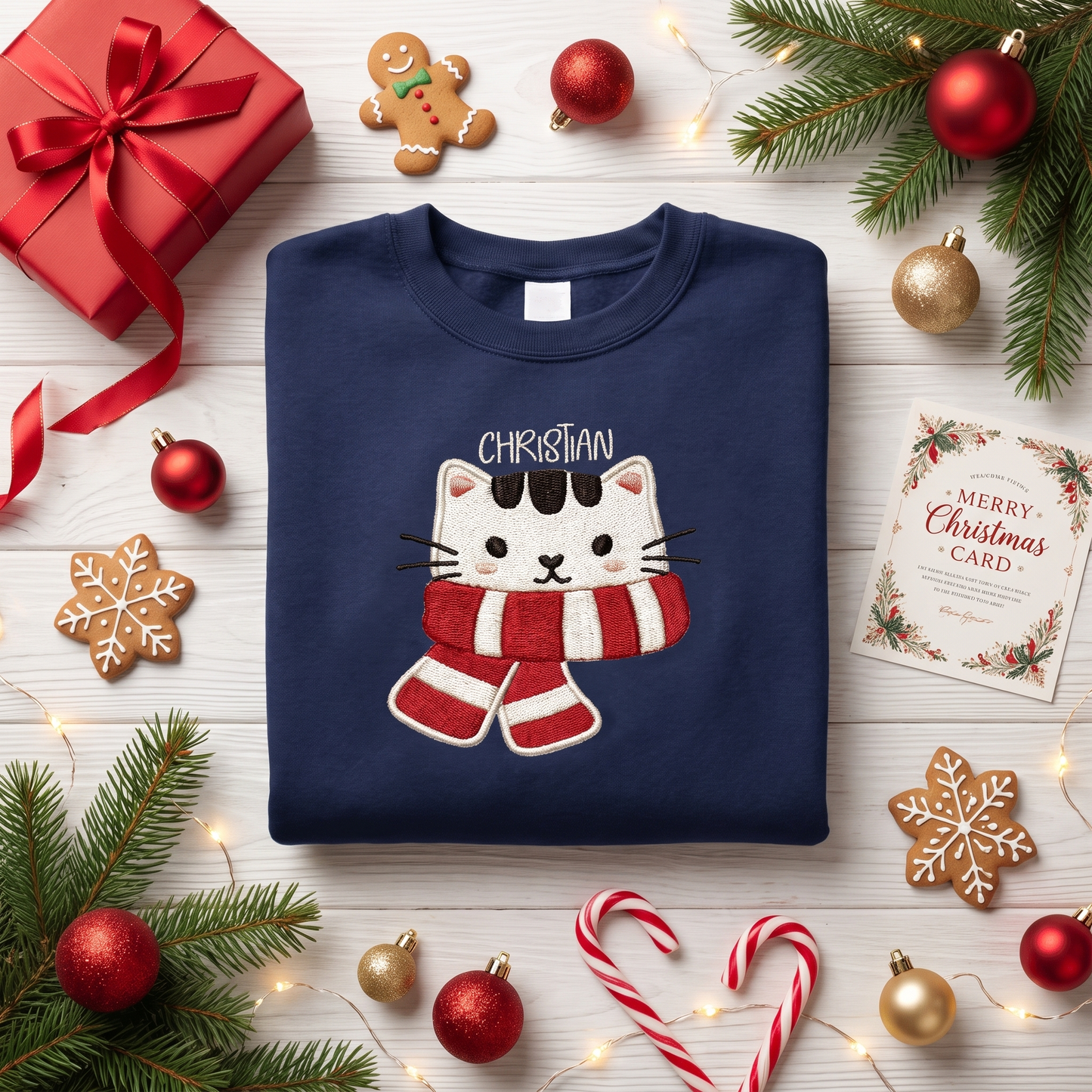 Personalized Embroidered Christmas Scarf Cat Sweatshirt with Custom Name
