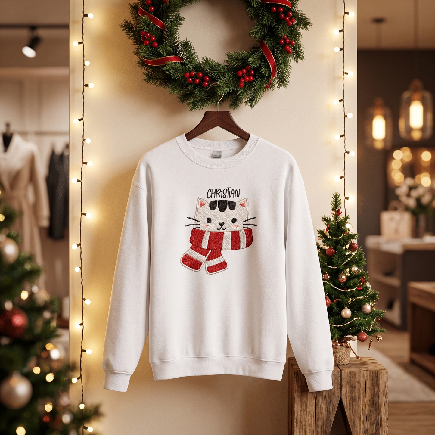Personalized Embroidered Christmas Scarf Cat Sweatshirt with Custom Name