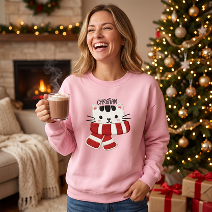 Personalized Embroidered Christmas Scarf Cat Sweatshirt with Custom Name