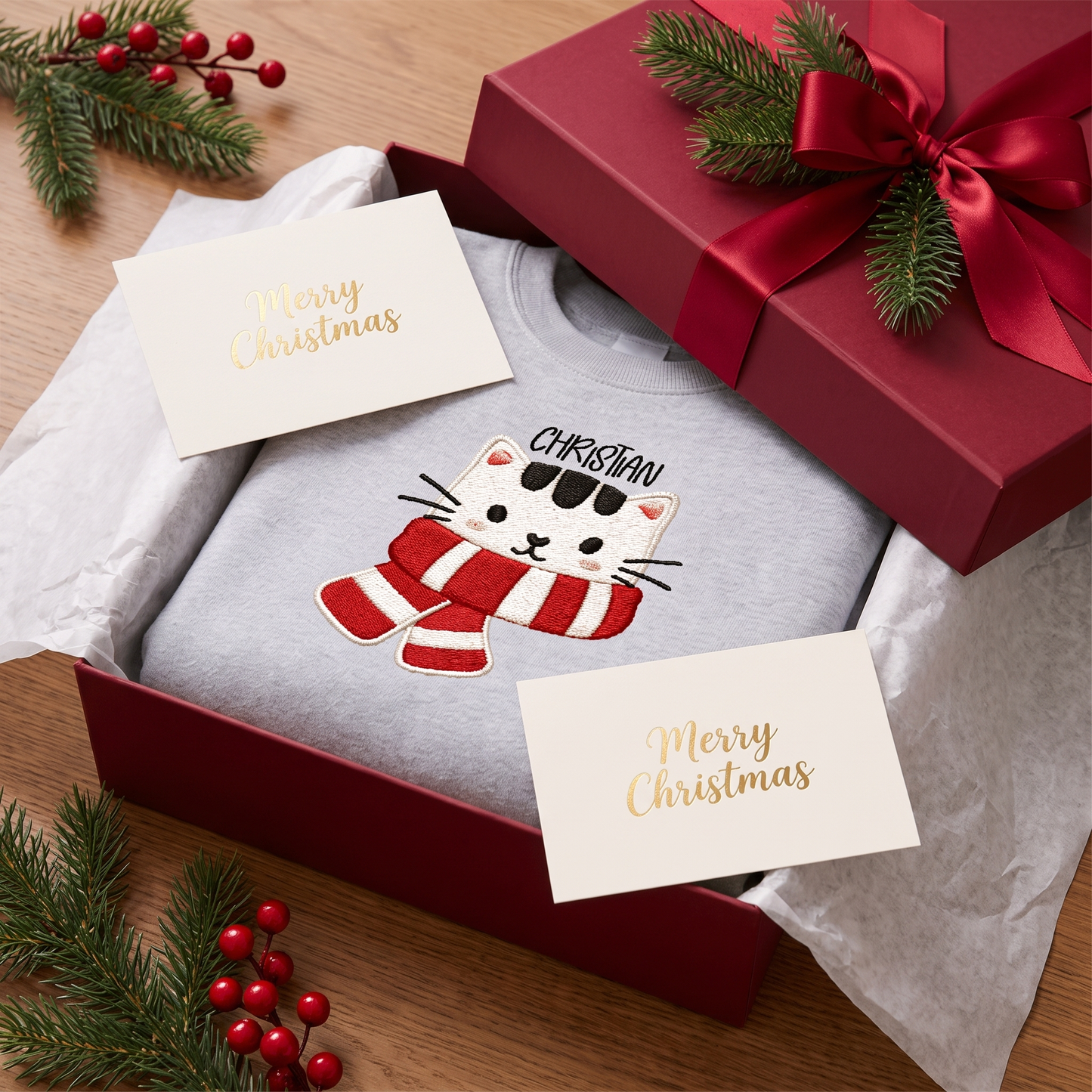 Personalized Embroidered Christmas Scarf Cat Sweatshirt with Custom Name