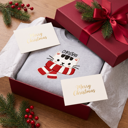 Personalized Embroidered Christmas Scarf Cat Sweatshirt with Custom Name