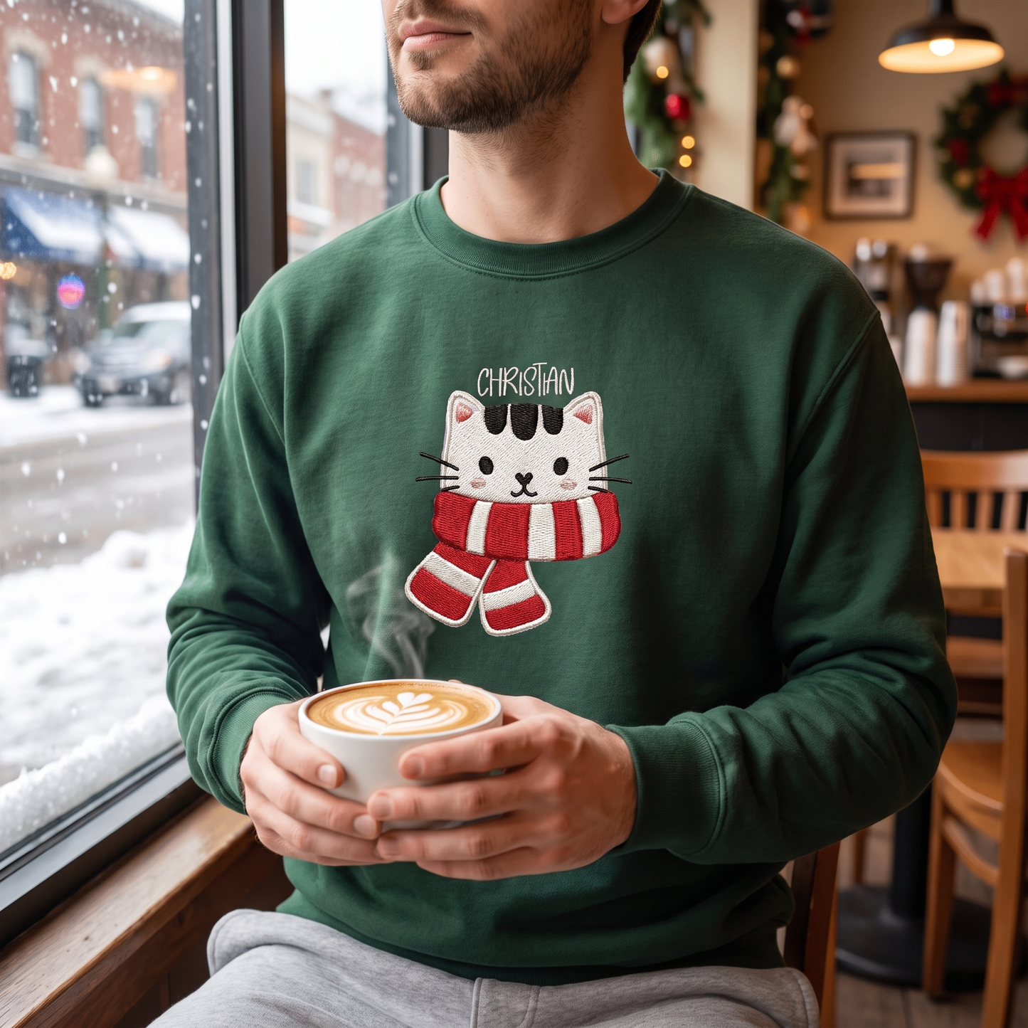 Personalized Embroidered Christmas Scarf Cat Sweatshirt with Custom Name