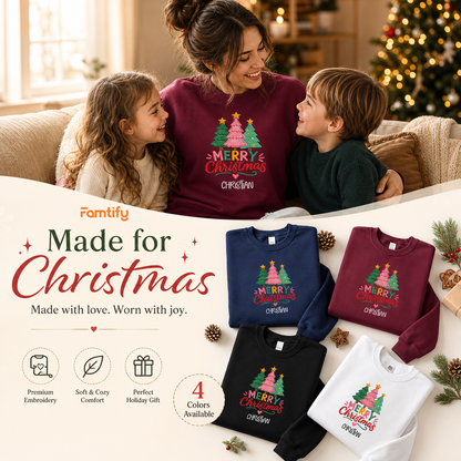 Personalized Embroidered Merry Christmas Trees Sweatshirt, Custom Name Holiday Pullover