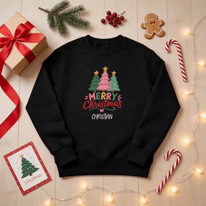 Personalized Embroidered Merry Christmas Trees Sweatshirt, Custom Name Holiday Pullover
