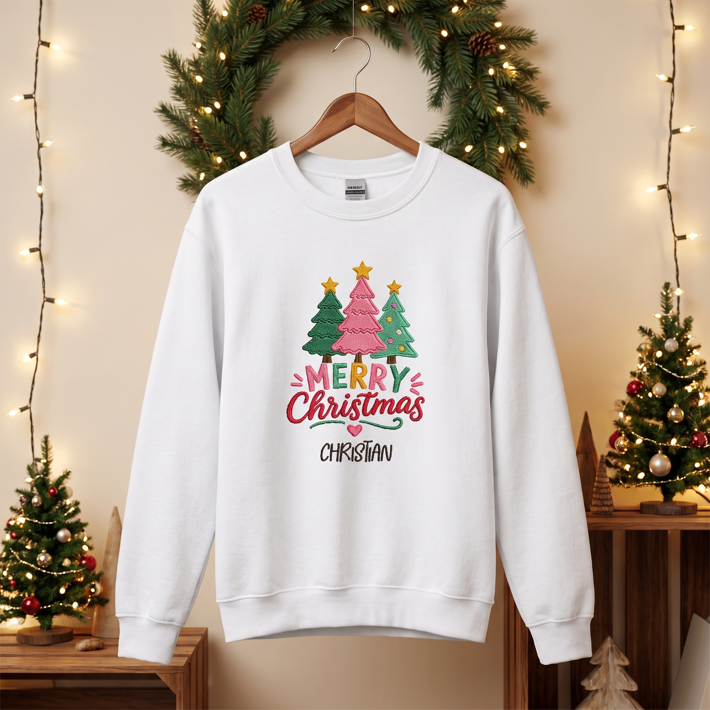 Personalized Embroidered Merry Christmas Trees Sweatshirt, Custom Name Holiday Pullover