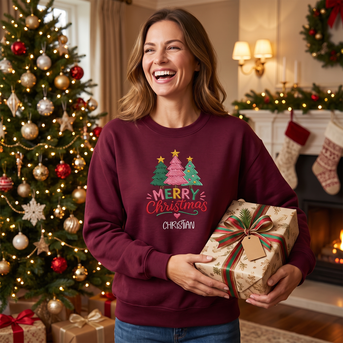 Personalized Embroidered Merry Christmas Trees Sweatshirt, Custom Name Holiday Pullover