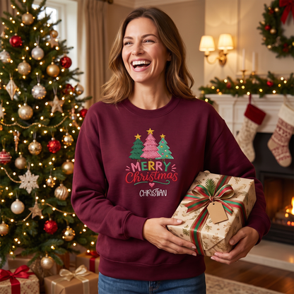 Personalized Embroidered Merry Christmas Trees Sweatshirt, Custom Name Holiday Pullover