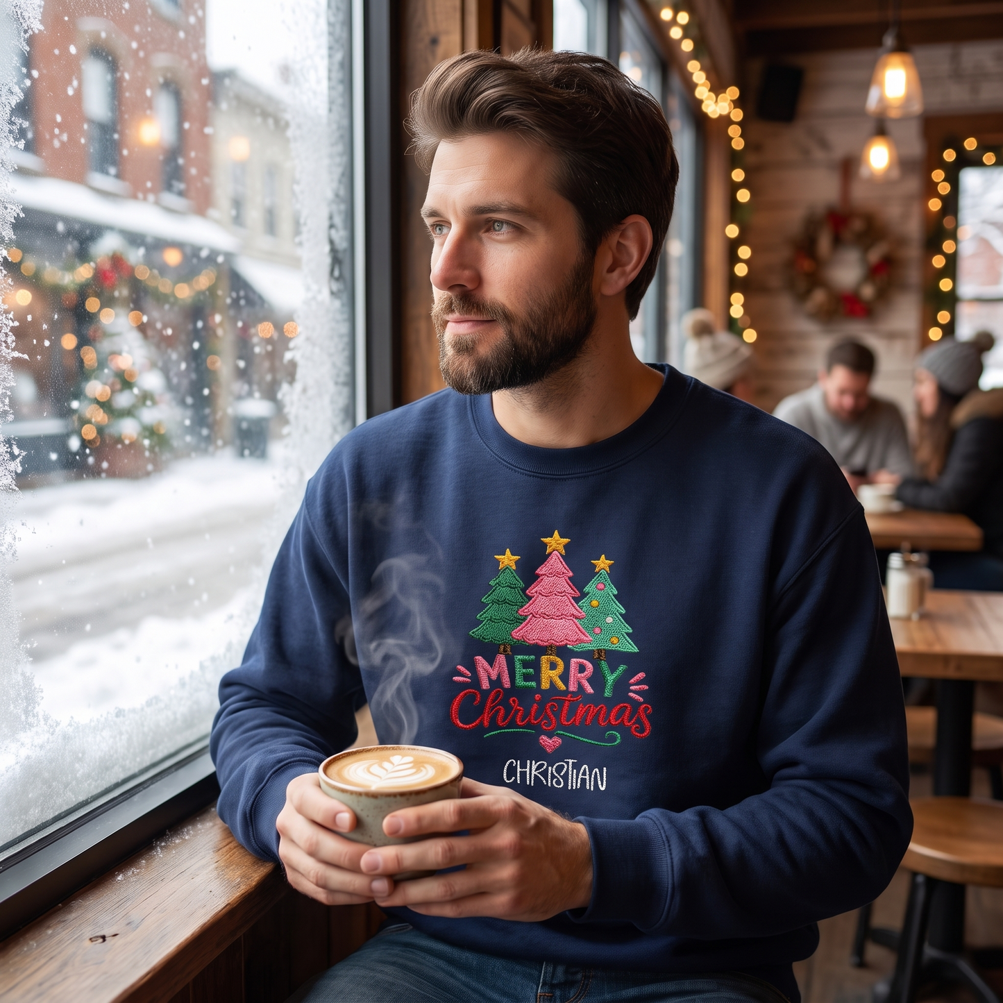 Personalized Embroidered Merry Christmas Trees Sweatshirt, Custom Name Holiday Pullover