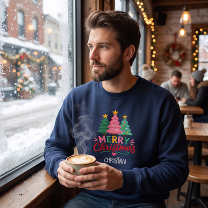 Personalized Embroidered Merry Christmas Trees Sweatshirt, Custom Name Holiday Pullover