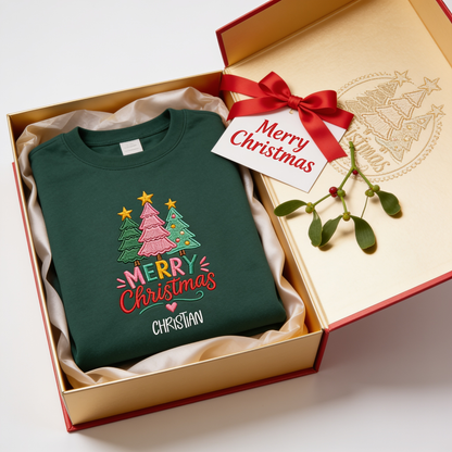 Personalized Embroidered Merry Christmas Trees Sweatshirt, Custom Name Holiday Pullover