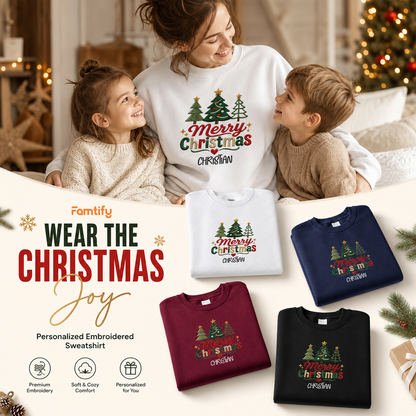 Personalized Embroidered Cute Three Christmas Trees Sweatshirt with Custom Name