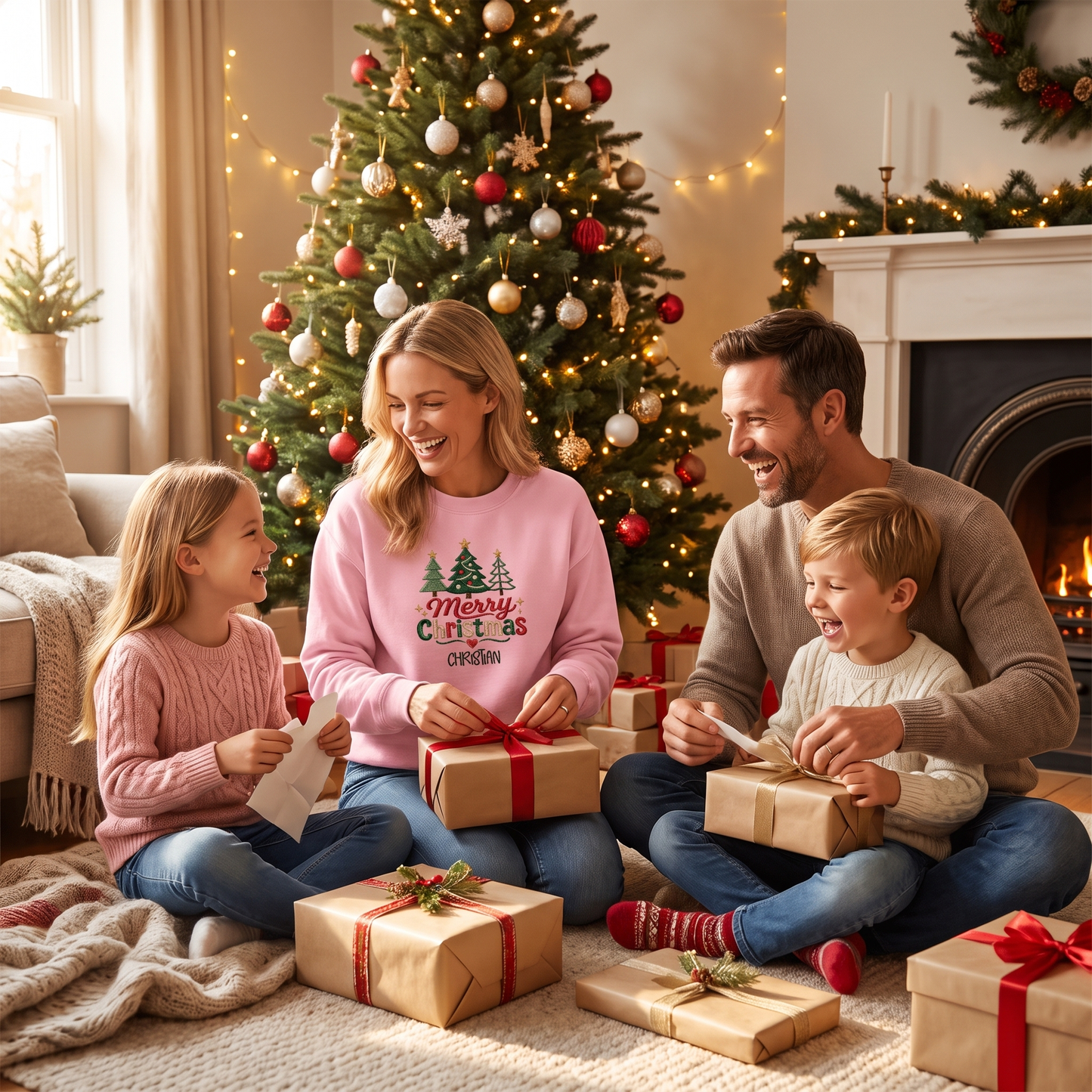 Personalized Embroidered Cute Three Christmas Trees Sweatshirt with Custom Name