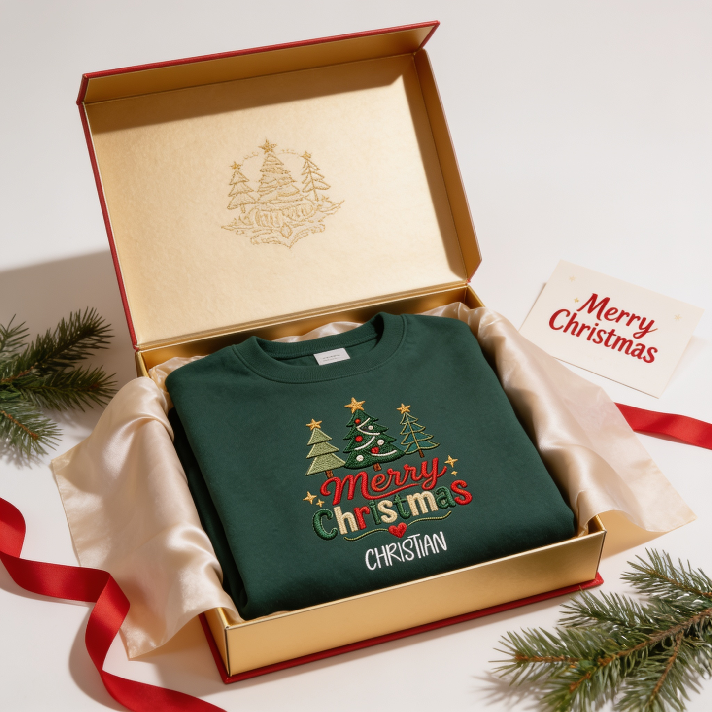 Personalized Embroidered Cute Three Christmas Trees Sweatshirt with Custom Name