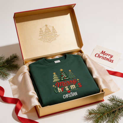 Personalized Embroidered Cute Three Christmas Trees Sweatshirt with Custom Name
