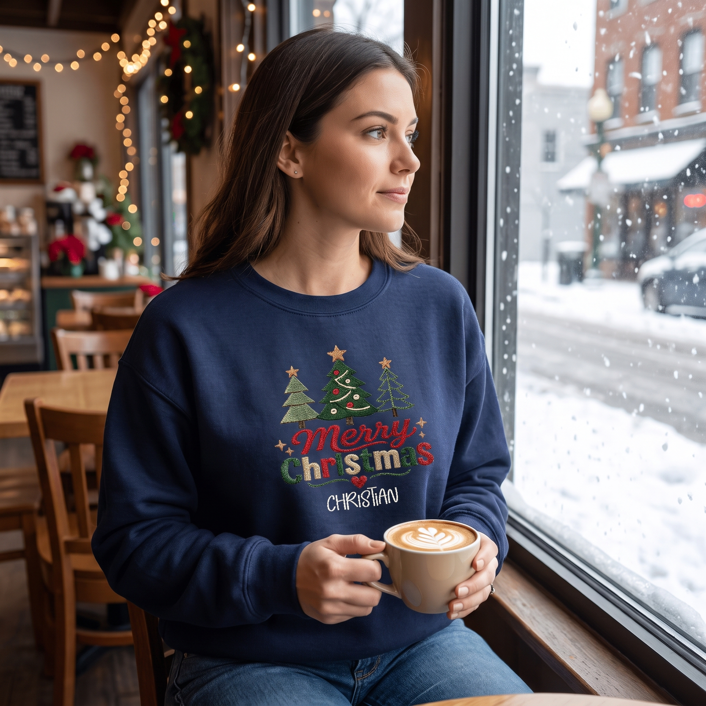 Personalized Embroidered Cute Three Christmas Trees Sweatshirt with Custom Name