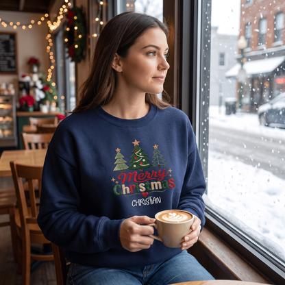 Personalized Embroidered Cute Three Christmas Trees Sweatshirt with Custom Name