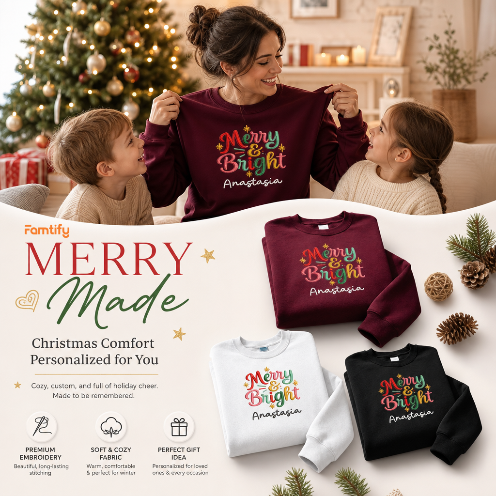 Personalized Embroidered Merry and Bright Sweatshirt with Custom Name