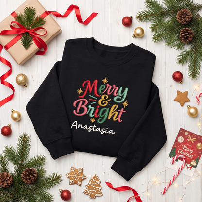 Personalized Embroidered Merry and Bright Sweatshirt with Custom Name
