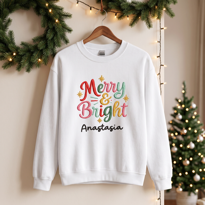 Personalized Embroidered Merry and Bright Sweatshirt with Custom Name