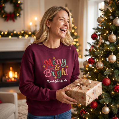 Personalized Embroidered Merry and Bright Sweatshirt with Custom Name