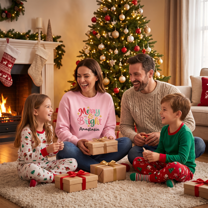 Personalized Embroidered Merry and Bright Sweatshirt with Custom Name