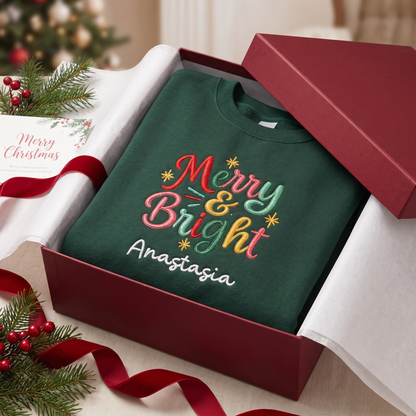 Personalized Embroidered Merry and Bright Sweatshirt with Custom Name