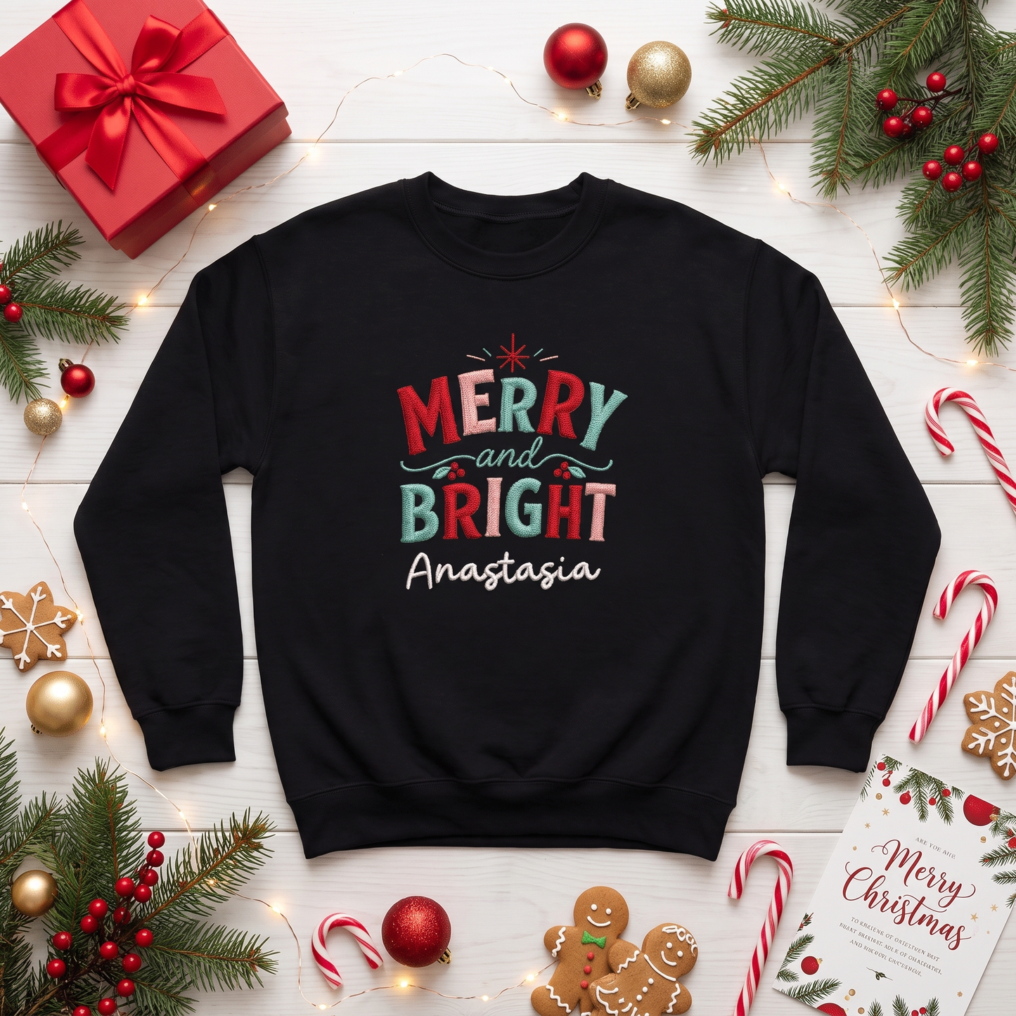 Personalized Embroidered Stay Merry & Shine Bright Sweatshirt with Custom Name