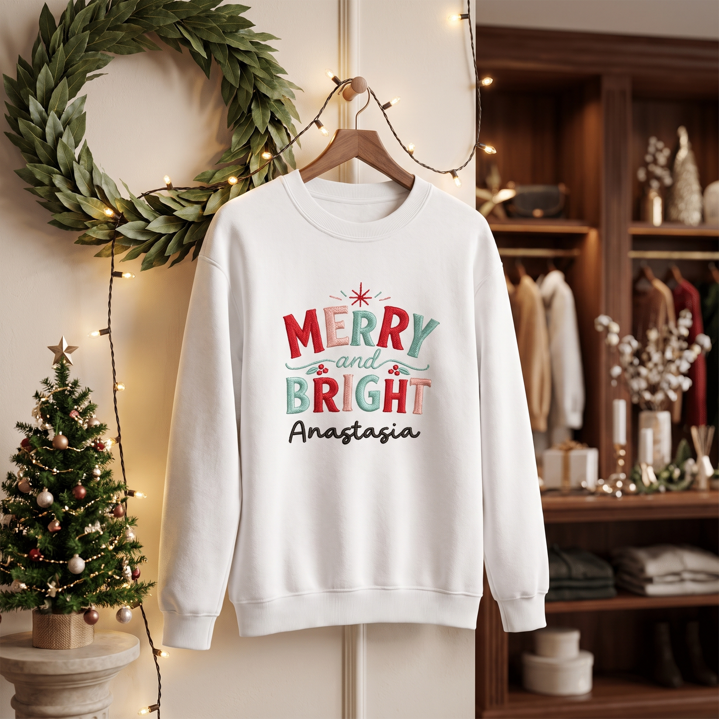 Personalized Embroidered Stay Merry & Shine Bright Sweatshirt with Custom Name